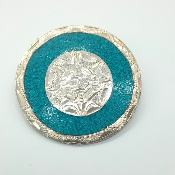 925 Crushed Turquoise Sun Brooch Pendant Vintage Sterling Silver Mexico Pin - Picture 1 of 5